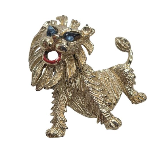 Vintage Lion Trembler Brooch Pin With Blue Eyes & Red Accents Gold-Tone Metal - Picture 6 of 9
